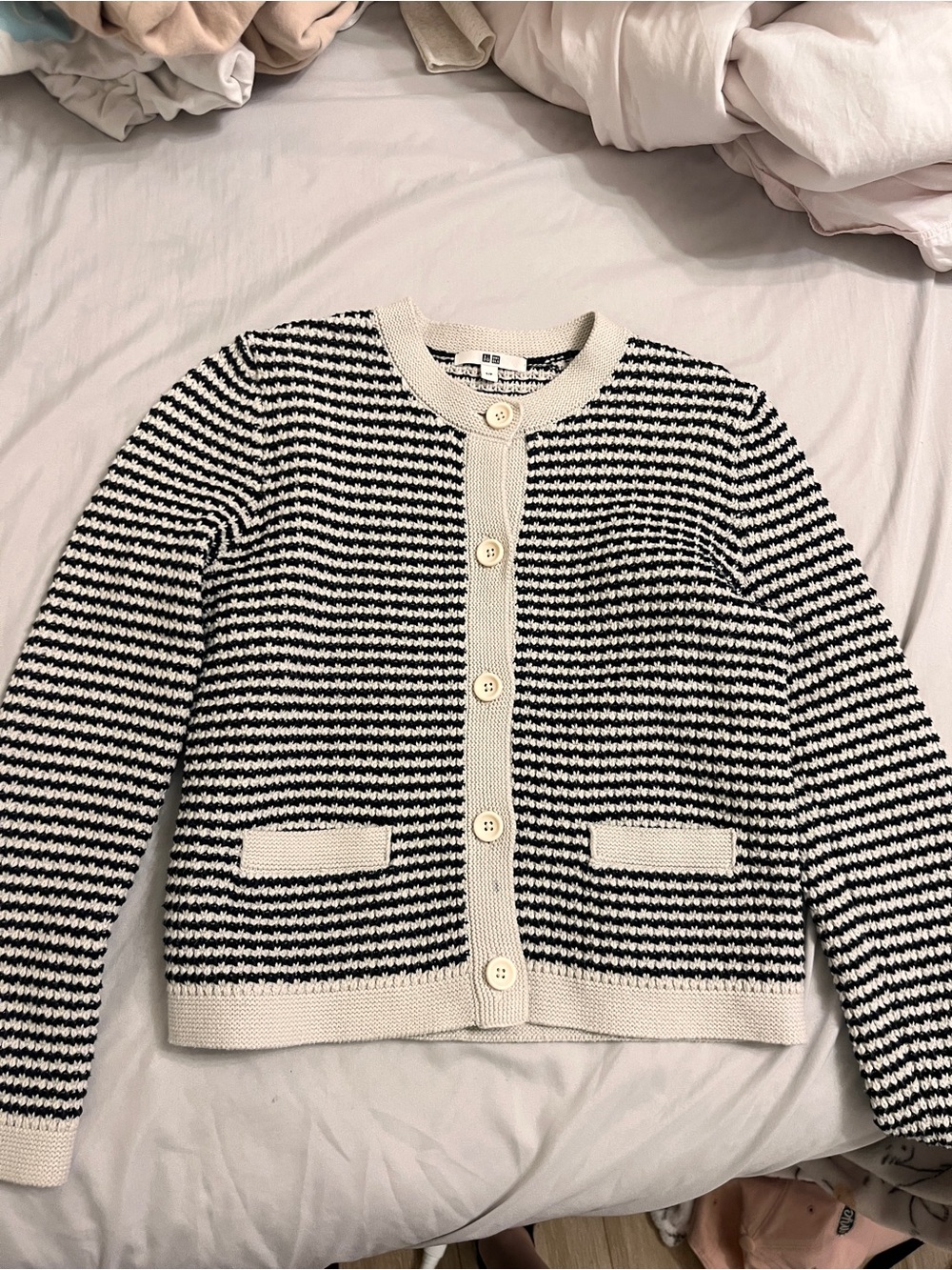 Chic Black & Cream Striped Knit Cardigan Sweater
